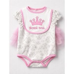 Baby Mode Born Diva Pink Trim Baby Onesie with Crown Bib 6-9 months NWT
